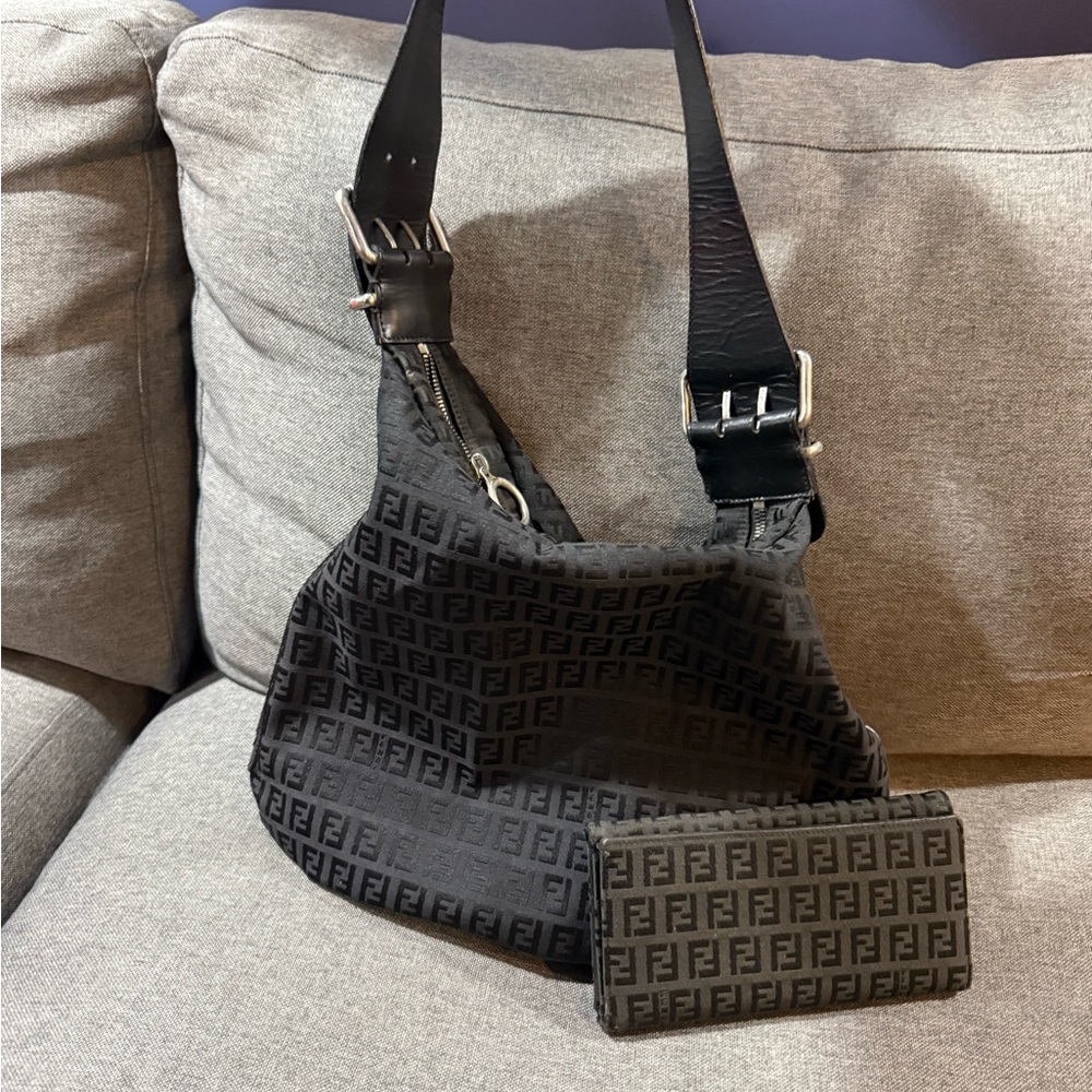Fendi Black Zucca Monogram Shoulder Bag with Matching Wallet